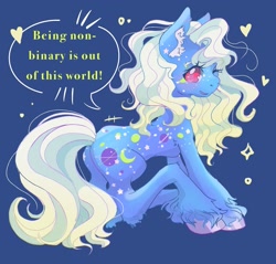 Size: 2041x1949 | Tagged: safe, artist:honolu-loo, night glider (g1), earth pony, pony, g1, blue background, butt, hooves, nonbinary, plot, positive message, simple background, sitting, slender, solo, thin, unshorn fetlocks