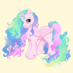 Size: 2048x2048 | Tagged: safe, artist:honolu-loo, princess celestia, alicorn, pony, g3, g4, g4 to g3, generation leap, high res, pinklestia, simple background, solo, yellow background