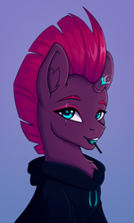 Size: 1203x2000 | Tagged: safe, artist:tanatos, tempest shadow, pony, unicorn, g4, broken horn, bust, candy, clothes, female, food, glowing, glowing horn, hoodie, horn, lollipop, looking at you, mare, mouth hold, portrait, redraw, scarf, simple background, three quarter view
