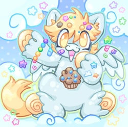Size: 1005x1001 | Tagged: safe, artist:ibbledribble, derpy hooves, pegasus, pony, g4, bandaid, bracelet, cloud, food, jewelry, muffin, on a cloud, sitting, sitting on a cloud, solo