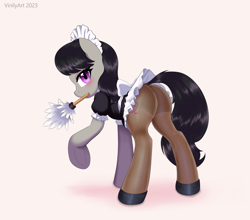 Size: 2654x2336 | Tagged: safe, artist:vinilyart, octavia melody, earth pony, pony, g4, butt, clothes, duster, female, high res, maid, mare, mouth hold, pantyhose, plot, solo, stupid sexy octavia, treblebutt
