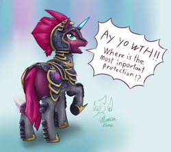 Size: 2104x1872 | Tagged: safe, artist:eltanin14d, fizzlepop berrytwist, tempest shadow, pony, unicorn, g4, armor, blushing, butt, female, horn, looking at you, looking back, misspelling, open mouth, partial nudity, plot, solo, speech bubble, tempest gets her horn back, unconvincing armor