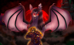 Size: 1920x1173 | Tagged: safe, artist:malinraf1615, oc, oc only, oc:doctor acardio, bat pony, earth pony, pony, undead, vampire, vampony, bat pony oc, blood moon, chest fluff, cover art, duo, ear fluff, fanfic art, fangs, female, fluffy, full moon, glowing, glowing eyes, male, mare, menacing, moon, panic, red eyes, scared, spread wings, stallion, wings