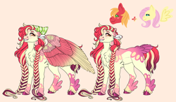 Size: 1920x1124 | Tagged: safe, artist:malinraf1615, big macintosh, fluttershy, oc, earth pony, pegasus, pony, g4, bandana, braid, braided pigtails, cheek fluff, chest fluff, coat markings, colored wings, feathered fetlocks, female, floppy ears, freckles, grin, long mane, male, mane stripe, mare, multicolored wings, offspring, parent:big macintosh, parent:fluttershy, parents:fluttermac, pegasus oc, pigtails, pink background, ship:fluttermac, shipping, simple background, smiling, stallion, straight, tail, tail feathers, unshorn fetlocks, wings