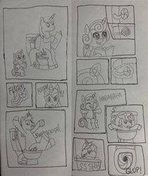Size: 478x569 | Tagged: safe, artist:matiasdilyanjuckus2023, princess flurry heart, shining armor, g4, bathroom, book, but why, child, comic, diaper, down the drain, father and child, father and daughter, female, flush, flushed away, foal, implied pooping, laughing, magic, male, newspaper, onomatopoeia, potty time, potty training, random, reading, sitting, sitting on toilet, sketch, stallion, telekinesis, this will end in death, this will end in grounding, this will end in tears, this will end in tears and/or death, toilet, traditional art, training potty, wat, wet