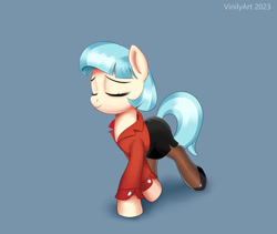 Size: 1280x1080 | Tagged: safe, artist:vinilyart, coco pommel, earth pony, pony, g4, clothes, cocobetes, cute, eyes closed, female, mare, pantyhose, signature, skirt, smiling, solo