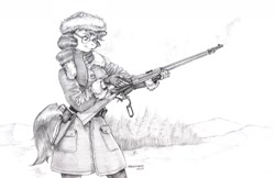 Size: 1700x1103 | Tagged: safe, artist:baron engel, oc, oc only, oc:antebellum, earth pony, anthro, black and white, clothes, coat, female, glasses, gloves, grayscale, gun, hat, lever action rifle, monochrome, pencil drawing, pine tree, rifle, simple background, snow, solo, story in the source, story included, traditional art, tree, weapon, white background, winchester
