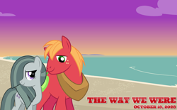Size: 2064x1279 | Tagged: safe, artist:dashiesparkle, artist:jhayarr23, artist:not-yet-a-brony, big macintosh, marble pie, earth pony, pony, g4, 2023, barbra streisand, beach, bittersweet, cloud, duo, female, friends, friendship, heartwarming, implied shipping, implied sugarmac, just friends, looking at each other, looking at someone, lyrics in the description, male, mare, movie reference, not shipping, ocean, october, platonic, ship sinking, smiling, smiling at each other, stallion, the way we were, walking, water, youtube link in the description