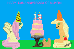 Size: 1536x1024 | Tagged: safe, artist:miky94c, derpibooru exclusive, applejack, fluttershy, earth pony, pegasus, pony, mlp fim's thirteenth anniversary, g4, 1000 hours in ms paint, anniversary, cake, candle, cowboy hat, food, freckles, grass, hat, paint, paint 3d, party hat, simple background, sitting
