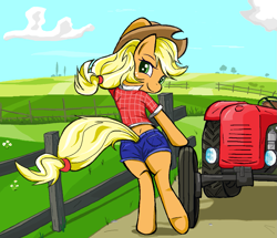 Size: 1277x1097 | Tagged: safe, artist:sallycars, applejack, earth pony, pony, semi-anthro, g4, adorasexy, applebutt, applejack day, applejack's hat, beautiful, bipedal, butt, clothes, cottagecore, country, country girl, countryside, cowboy hat, cute, daisy dukes, fence, field, flannel, flannel shirt, hat, jackabetes, legitimately amazing mspaint, looking at you, looking back, looking back at you, looking over shoulder, ms paint, plot, sexy, shirt, shorts, solo, tractor