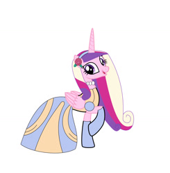 Size: 1280x1306 | Tagged: safe, artist:brightstar40k, princess cadance, alicorn, pony, g4, alternate hairstyle, cinderella, clothes, concave belly, dress, evening gloves, female, flower, flower in hair, gloves, gown, jetlag productions, long gloves, mare, open mouth, open smile, poofy shoulders, raised hoof, simple background, slender, smiling, solo, thin, white background