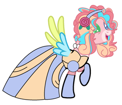 Size: 1168x1003 | Tagged: safe, artist:brightstar40k, pinkie pie, alicorn, pony, g4, alicornified, alternate design, alternate eye color, alternate hair color, alternate hairstyle, alternate universe, cinderella, clothes, dress, evening gloves, flower, flower in hair, gloves, gown, jetlag productions, jewelry, long gloves, necklace, open mouth, open smile, pearl necklace, poofy shoulders, princess pinkie pie, race swap, raised hoof, simple background, smiling, white background, wings