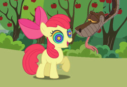 Size: 520x355 | Tagged: safe, artist:scornedremnant, edit, edited screencap, screencap, apple bloom, earth pony, pony, snake, g4, female, filly, foal, hypno eyes, hypnosis, kaa, kaa eyes, male, open mouth, open smile, smiling, story included, sweet apple acres, tongue out