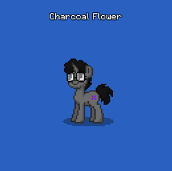 Size: 390x388 | Tagged: safe, oc, oc only, oc:charcoal flower, pony, unicorn, pony town, black mane, black tail, blue background, cutie mark, do not steal, female, flower, glasses, grey fur, horn, original character do not steal, ponysona, simple background, tail, unicorn oc