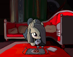 Size: 2435x1905 | Tagged: safe, artist:mandumustbasukanemen, marble pie, earth pony, pony, g4, carpet, dark, drink, female, food, indoors, mare, pastries, room, sofa bed, solo, tea