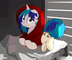 Size: 2267x1905 | Tagged: safe, artist:mandumustbasukanemen, dj pon-3, vinyl scratch, pony, unicorn, g4, bed, clothes, female, hoodie, indoors, looking at you, lying down, mare, on bed, red eyes, smiling, solo, wrong eye color