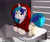 Size: 2267x1905 | Tagged: safe, artist:mandumustbasukanemen, dj pon-3, vinyl scratch, pony, unicorn, g4, bed, clothes, female, hoodie, indoors, looking at you, lying down, mare, on bed, red eyes, smiling, solo, wrong eye color