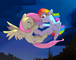 Size: 2447x1943 | Tagged: safe, artist:mandumustbasukanemen, fluttershy, rainbow dash, pegasus, pony, g4, duo, duo female, female, flying, happy, laughing, lesbian, mare, outdoors, playing, ship:flutterdash, shipping, sky