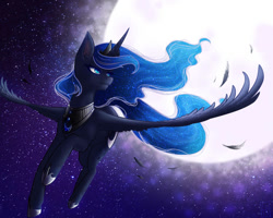Size: 999x800 | Tagged: safe, artist:firelock13, princess luna, alicorn, pony, g4, beautiful, blue eyes, blue mane, blue tail, crown, ethereal mane, ethereal tail, female, flowing mane, flying, hoof shoes, horn, jewelry, mare, moon, moonlight, night, peytral, regalia, smiling, solo, sparkles, spread wings, starry mane, starry tail, stars, tail, wings