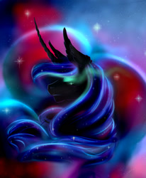 Size: 1280x1554 | Tagged: safe, artist:1cassar, nightmare moon, alicorn, pony, g4, blue mane, bust, crown, curved horn, ear fluff, ethereal mane, eyes closed, eyeshadow, female, flowing mane, glowing, glowing eyes, gradient background, horn, jewelry, makeup, mare, moonlight, night, portrait, regalia, sky, solo, sparkles, starry mane, stars