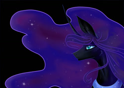 Size: 1280x905 | Tagged: safe, artist:1cassar, nightmare moon, alicorn, pony, g4, black background, blue eyes, blue mane, bust, contemplating, crown, curved horn, digital art, ear fluff, ethereal mane, eyeshadow, female, flowing mane, horn, jewelry, lidded eyes, makeup, mare, moonlight, night, peytral, portrait, regalia, simple background, sky, solo, space, sparkles, starry mane, starry night, stars, sternocleidomastoid