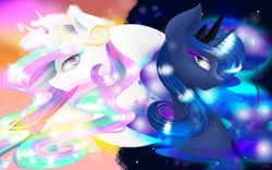 Size: 1024x640 | Tagged: safe, artist:colourboom, princess celestia, princess luna, alicorn, pony, g4, blue eyes, blue mane, bust, crepuscular rays, crown, digital art, duality, duo, duo female, ethereal mane, eyeshadow, female, flowing mane, gem, glowing, gradient background, horn, jewelry, looking at you, makeup, mare, moonlight, multicolored mane, night, pink eyes, portrait, regalia, sky, smiling, smiling at you, sparkles, starry mane, stars, sunlight