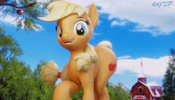 Size: 4096x2344 | Tagged: safe, artist:godoffury, applejack, earth pony, pony, g4, 3d, applebutt, blender, butt, cute, female, hatless, high res, jackabetes, looking at you, mare, missing accessory, open mouth, open smile, plot, smiling, smiling at you, solo, sweet apple acres barn