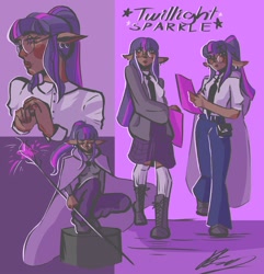 Size: 2895x3000 | Tagged: safe, artist:8lep8a, twilight sparkle, human, g4, alternate hairstyle, book, boots, clothes, dark skin, denim, ear piercing, eared humanization, earring, elf ears, female, glasses, high res, humanized, jeans, jewelry, necktie, pants, piercing, robe, shirt, shoes, skirt, socks, solo, staff, stockings, thigh highs