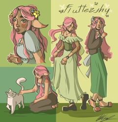 Size: 2895x3000 | Tagged: safe, artist:8lep8a, fluttershy, cat, human, g4, alternate hairstyle, barefoot, bracelet, clothes, coat, denim, dress, ear piercing, eared humanization, earring, elf ears, female, flats, floral head wreath, flower, high res, humanized, jeans, jewelry, necklace, pants, piercing, sandals, shirt, shoes, skirt, solo, tank top, wristband