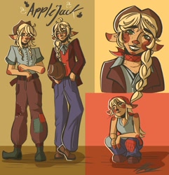 Size: 2895x3000 | Tagged: safe, artist:8lep8a, applejack, human, g4, alternate hairstyle, applejack's hat, bandana, belt, boots, clothes, coat, cowboy boots, cowboy hat, denim, eared humanization, elf ears, female, freckles, grin, hat, high res, humanized, jeans, nose piercing, nose ring, pants, piercing, shirt, shoes, smiling, solo, tank top, vest