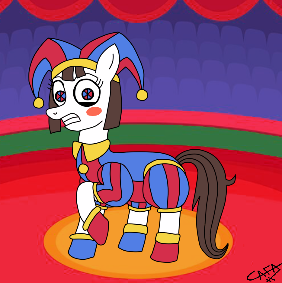 3222747 - safe, artist:cafakero, earth pony, pony, circus, female, gritted  teeth, hat, jester, jester hat, jester outfit, mare, pomni, ponified,  ponmi, raised hoof, solo, teeth, the amazing digital circus - Derpibooru