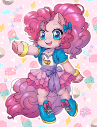 Size: 1392x1822 | Tagged: safe, artist:ponchik_art, kotobukiya, pinkie pie, earth pony, semi-anthro, g4, arm hooves, bipedal, boots, bow, bracelet, clothes, cute, female, food, hair bow, jewelry, kotobukiya outfit, kotobukiya pinkie pie, looking at you, mare, open mouth, open smile, ponytail, shoes, skirt, smiling, solo, sparkles, stars