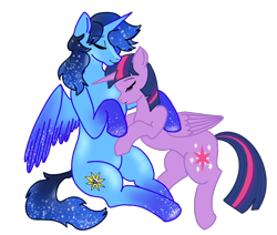 Size: 1592x1349 | Tagged: artist needed, source needed, safe, twilight sparkle, oc, oc:blue thunder, alicorn, pony, g4, alicorn oc, canon x oc, cuddling, duo, eyes closed, female, horn, hug, male, simple background, straight, thundersparkle, transparent background, twilight sparkle (alicorn), wings