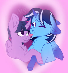 Size: 1080x1166 | Tagged: artist needed, source needed, safe, twilight sparkle, oc, oc:blue thunder, alicorn, pony, g4, alicorn oc, canon x oc, chest fluff, duo, female, heart, heart eyes, horn, love, male, one eye closed, straight, thundersparkle, tongue out, twilight sparkle (alicorn), watermark, wingding eyes, wings, wink