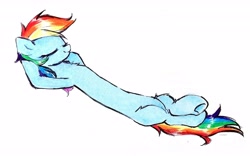 Size: 5133x3208 | Tagged: safe, alternate version, artist:liaaqila, derpibooru exclusive, rainbow dash, pegasus, pony, g4, absurd resolution, arm behind head, belly, cute, dashabetes, eyes closed, female, long dash, long pony, lying down, mare, missing cutie mark, on back, simple background, smiling, solo, traditional art, underhoof, white background, wingless