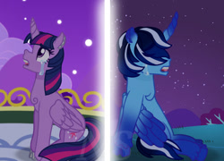 Size: 1496x1080 | Tagged: artist needed, source needed, safe, twilight sparkle, oc, oc:blue thunder, alicorn, pony, g4, aeroplanes and meteor showers, airplanes (song), alicorn oc, canon x oc, crying, duo, female, horn, looking up, male, mare, night, separation, stallion, straight, thundersparkle, twilight sparkle (alicorn), watermark, wings