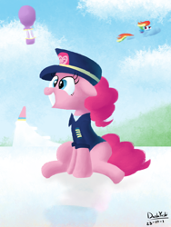 Size: 2400x3200 | Tagged: safe, artist:dashyoshi, pinkie pie, rainbow dash, earth pony, pegasus, pony, g4, clothes, cloud, cute, diapinkes, female, flight suit, flying, hat, high res, hot air balloon, mare, pilot, pinktober, plane, sky, suit, uniform, uniform hat