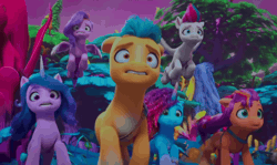 Size: 1740x1034 | Tagged: safe, screencap, hitch trailblazer, izzy moonbow, misty brightdawn, pipp petals, sunny starscout, zipp storm, earth pony, pegasus, pony, unicorn, family trees, g5, my little pony: make your mark, my little pony: make your mark chapter 5, spoiler:g5, spoiler:my little pony: make your mark, spoiler:my little pony: make your mark chapter 5, spoiler:mymc05e03, animated, day, female, flying, forest, galloping, gif, jungle, male, mane five, mane six (g5), mare, rebirth misty, running, shrunken pupils, stallion, the isle of scaly (location)