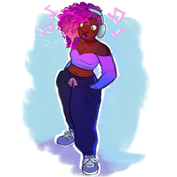 Size: 2000x2000 | Tagged: safe, artist:starsbursts, misty brightdawn, butterfly, human, g5, alternate hairstyle, belly button, clothes, cornrows, cute, dark skin, female, freckles, headphones, high res, humanized, lipstick, makeup, midriff, mistybetes, music notes, pants, rebirth misty, shirt, shoes, sneakers, solo, sweatpants