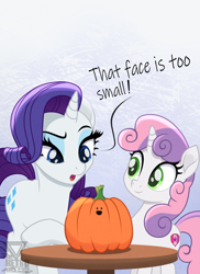 Size: 1890x2590 | Tagged: safe, artist:theretroart88, rarity, sweetie belle, pony, unicorn, g4, :d, belle sisters, duo, duo female, faic, featured image, female, filly, foal, halloween, holiday, mare, movie accurate, open mouth, open smile, pumpkin, pumpkin carving, siblings, signature, sisters, smiling, speech bubble, text, woll smoth