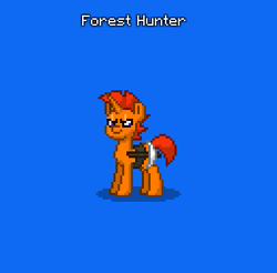 Size: 381x375 | Tagged: safe, oc, oc:forest hunter, pony, unicorn, pony town, belt, blue background, do not steal, horn, hunter, male, original character do not steal, parents:oc x oc, pickaxe, simple background, stallion, unicorn oc