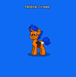 Size: 380x384 | Tagged: safe, oc, oc only, oc:nimble creek, pony, unicorn, pony town, belt, blue background, do not steal, horn, hunter, male, original character do not steal, parents:oc x oc, shovel, simple background, stallion, unicorn oc