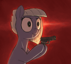 Size: 1200x1080 | Tagged: safe, artist:t72b, limestone pie, earth pony, pony, g4, burning, glock, gun, handgun, hoof hold, mouth hold, pistol, rage, simple background, smiling, stare, weapon