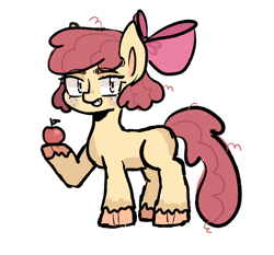Size: 3194x2983 | Tagged: safe, artist:linatron, apple bloom, earth pony, pony, g4, apple, colored eyebrows, female, filly, foal, food, grin, high res, looking at you, redesign, simple background, smiling, solo, unshorn fetlocks, white background