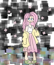Size: 1033x1240 | Tagged: safe, artist:alinamandarina, fluttershy, butterfly, human, g4, abstract background, clothes, cute, daaaaaaaaaaaw, female, humanized, light skin, nervous, no eye shine, no pupils, off shoulder, pigeon toed, raised hand, sandals, shy, shyabetes, skirt, solo, tank top