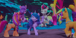 Size: 1920x972 | Tagged: safe, screencap, hitch trailblazer, izzy moonbow, misty brightdawn, pipp petals, sunny starscout, zipp storm, earth pony, pegasus, pony, unicorn, family trees, g5, my little pony: make your mark, my little pony: make your mark chapter 5, spoiler:g5, spoiler:my little pony: make your mark, spoiler:my little pony: make your mark chapter 5, spoiler:mymc05e03, animated, crossed hooves, crossed legs, cute, female, flying, forest, gif, humming, izzybetes, jungle, male, mane five, mane six (g5), mare, meditating, meditation, rebirth misty, sitting, stallion, the isle of scaly (location), unamused, zipp storm is not amused