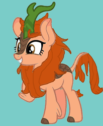 Size: 600x733 | Tagged: safe, artist:vanilla5751, oc, oc only, oc:maple blossom, kirin, blue background, brown eyes, cloven hooves, colored hooves, cute, grin, kirin oc, leonine tail, orange mane, orange tail, simple background, smiling, solo, standing, tail