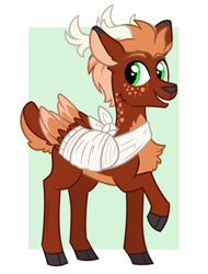 Size: 1900x2500 | Tagged: safe, artist:pink-pone, oc, oc only, oc:leafy skies, deer, original species, peryton, antlers, bandage, broken bone, broken wing, cast, cloven hooves, colored background, colored hooves, colored wings, deerified, folded wings, freckles, happy, injured, male, passepartout, short tail, simple background, sling, solo, species swap, stag, tail, wings