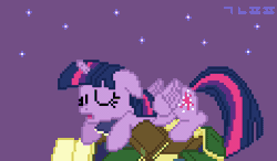 Size: 600x350 | Tagged: safe, artist:gonicfanfic, twilight sparkle, alicorn, pony, g4, princess spike, adorkable, animated, book, book nest, bubble, cute, dork, folded wings, gif, open mouth, pile of books, pixel art, purple background, simple background, sleeping, snoring, solo, that pony sure does love books, twiabetes, twilight sparkle (alicorn), wings