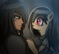 Size: 930x859 | Tagged: safe, artist:undisputed, oc, oc only, oc:crimson sky, oc:dahlia do, human, pegasus, pony, fanfic:golden reign, blushing, dilated pupils, fanfic, fanfic art, female, holding, holding a pony, male, mare, smiling